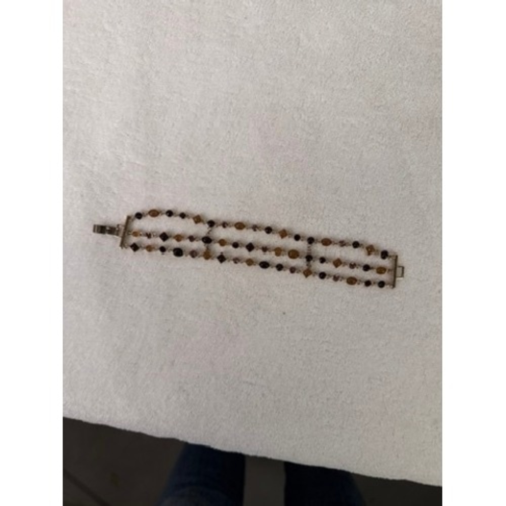 Vintage 3 Strand Beaded Bracelet Gold Tone Earthy Amber Smoky Brown 6.25 Inch